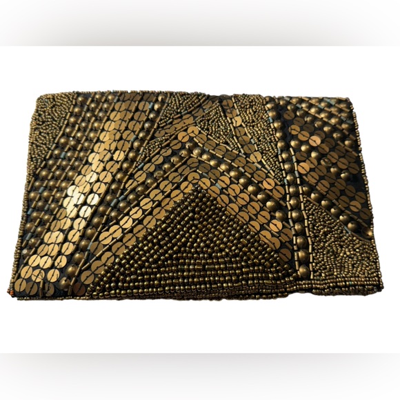 Nice Retro Brass Copper Tone Metallic Beaded Clutch Purse Bag Forever 21 - Picture 2 of 12